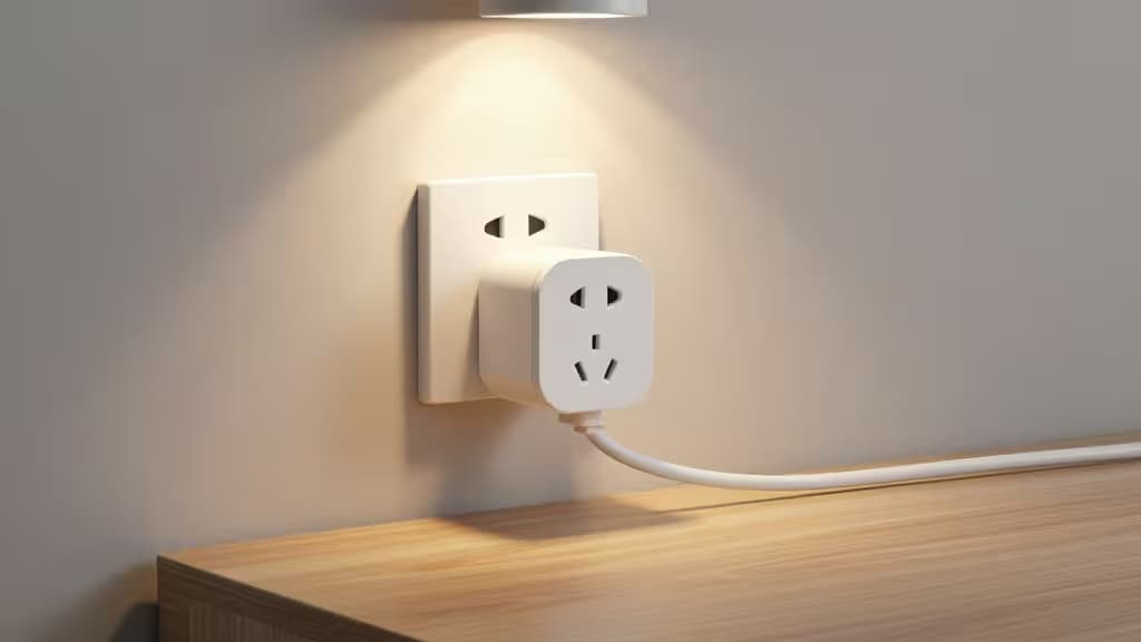 White smart plug inserted into wall outlet, powering high-wattage device via thick cable.