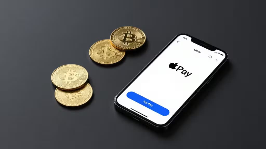 Gold Bitcoin coins beside iPhone displaying Apple Pay interface on dark surface.