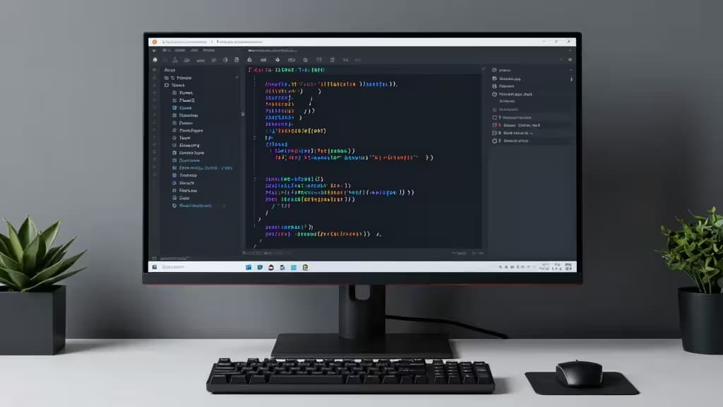 A sleek monitor displays Rust code with AI suggestions, flanked by potted plants on a minimalist desk.