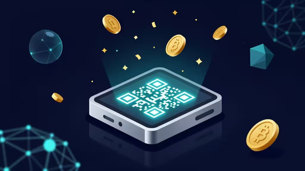 Silver hardware wallet projects glowing QR code, surrounded by floating gold coins and blue blockchain network nodes on dark background.