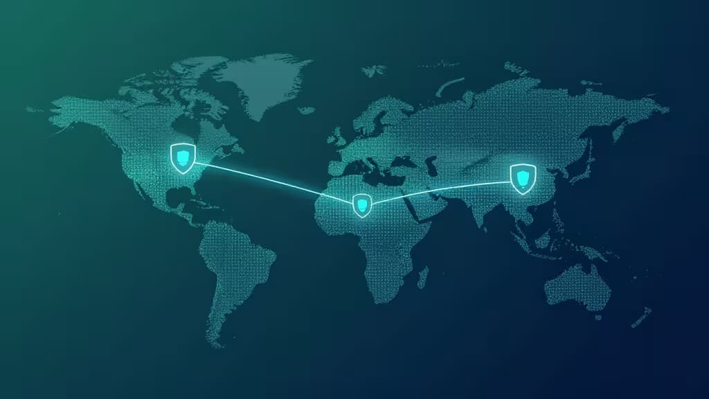 Icone di scudo luminose si connettono su una mappa digitale del mondo, simboleggiando tunnel VPN sicuri e crittografati che collegano località globali distanti.