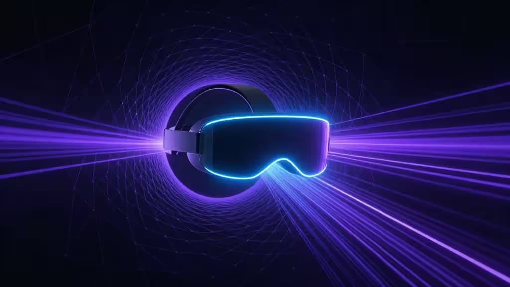 Abstract visualization of a glowing VPN tunnel protecting a spatial computing headset, with blue and purple light streams flowing through a dark geometric mesh network.