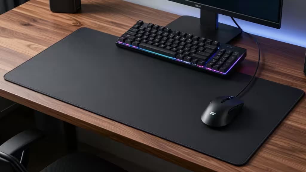 Black gaming mat on wood desk holds backlit keyboard and mouse under soft RGB glow.