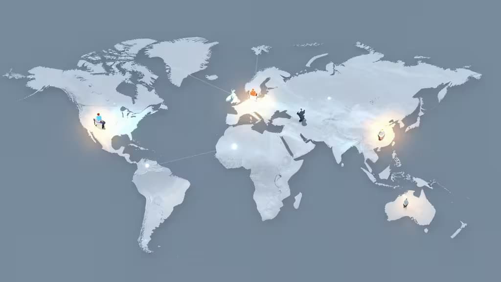 A glowing world map highlights remote team locations with AI project management tool icons.