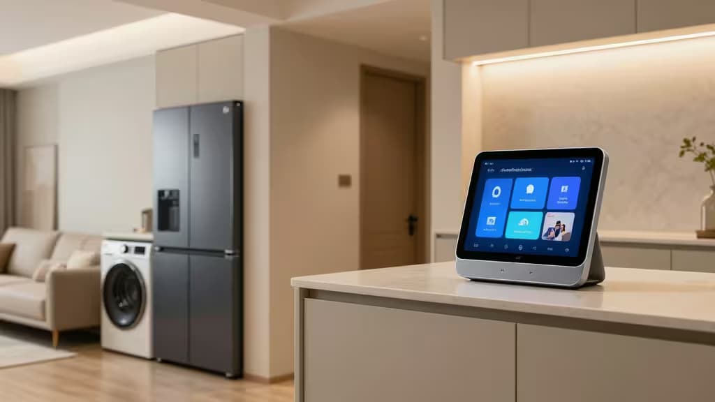 Google Nest Hub Max на мраморной столешнице рядом с холодильником LG, на экране — панель управления умным домом