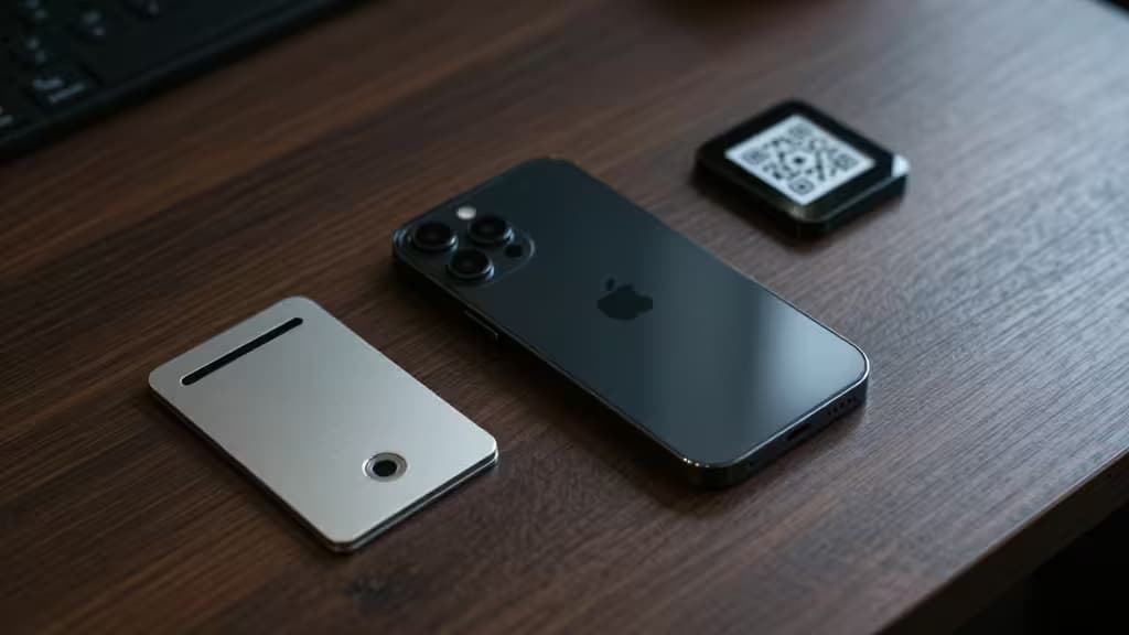 Black iPhone, silver card, and QR code on wooden desk symbolize mobile crypto security.