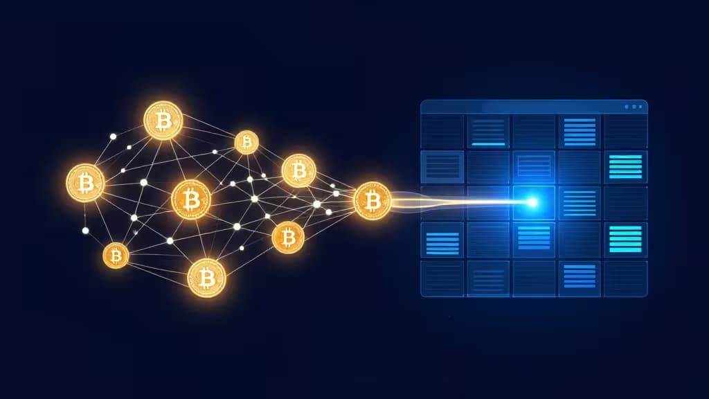 Glowing Bitcoin network nodes connect via luminous lines to a blue digital interface, symbolizing crypto exchange token migration.