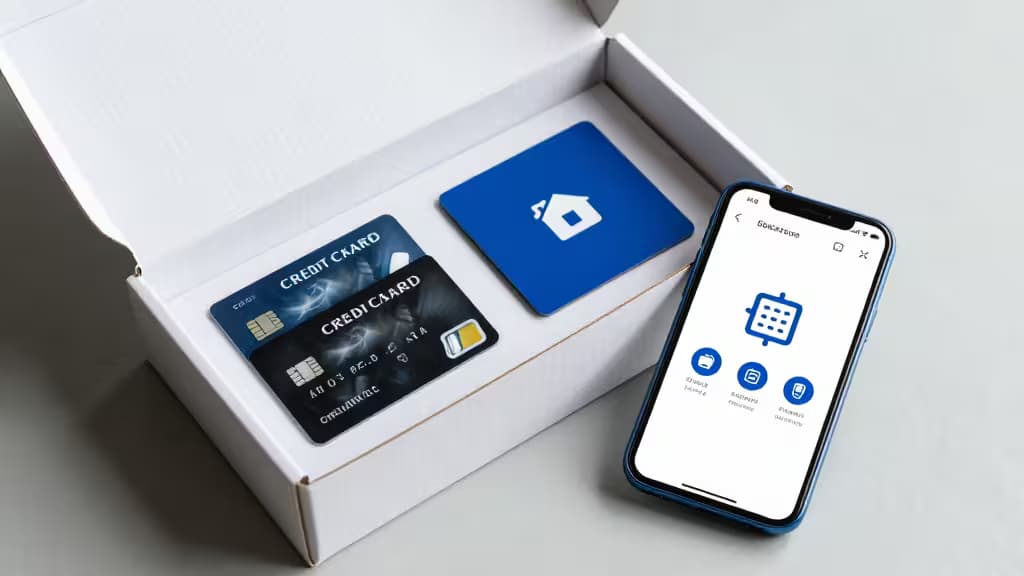 Open witte doos onthult creditcards en blauwe betaalkaart, naast smartphone met betaalapp-interface.