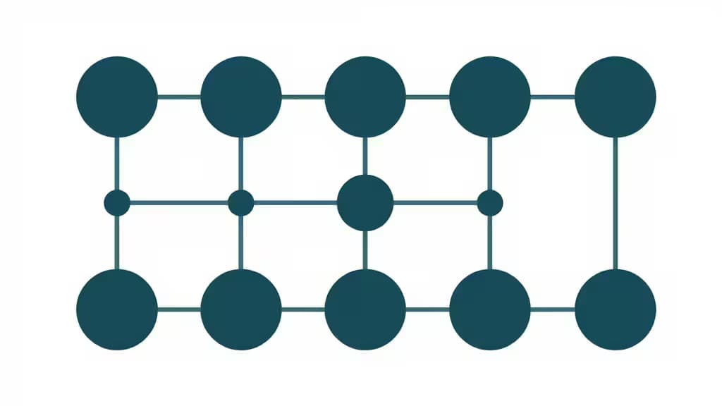 Abstract illustration of interconnected geometric nodes representing CI/CD pipeline stages with branching paths in a dark teal and slate color palette
