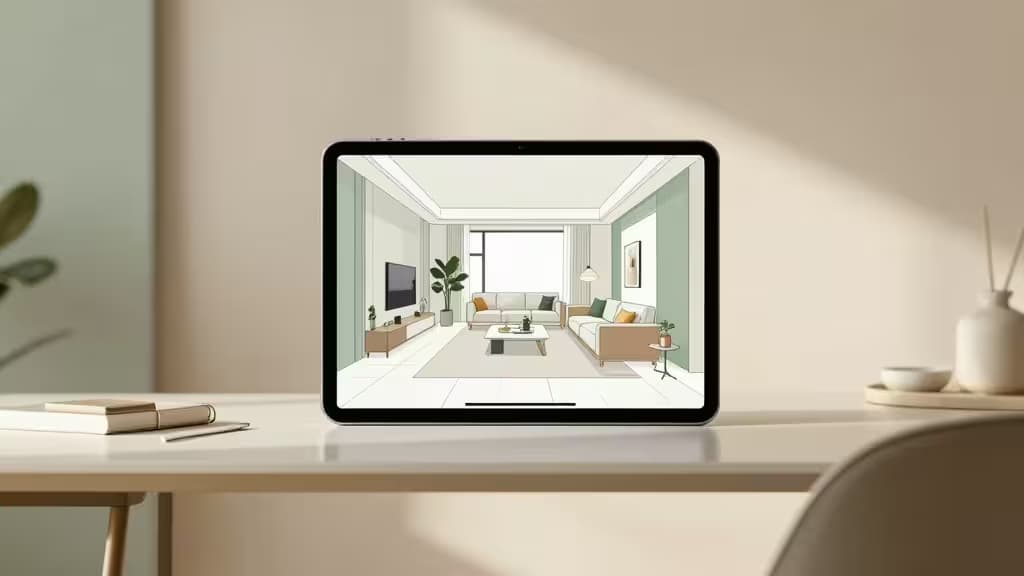 Black tablet on white desk displays 3D living room visualization, surrounded by minimalist decor and soft natural light.