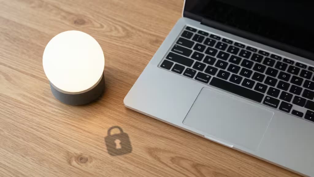 A glowing AI orb and laptop sit on a wooden desk, casting a lock shadow.