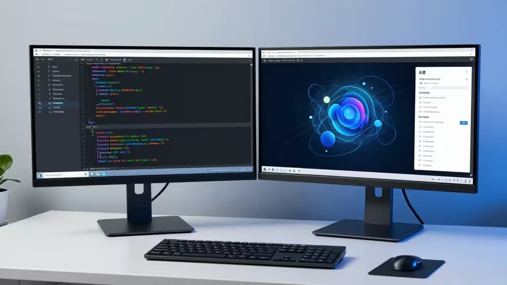 Dual monitors display code and AI interface on a clean white desk with keyboard and mouse.
