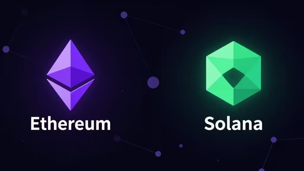 Glowing Ethereum and Solana logos float against a dark, networked background with connected nodes.
