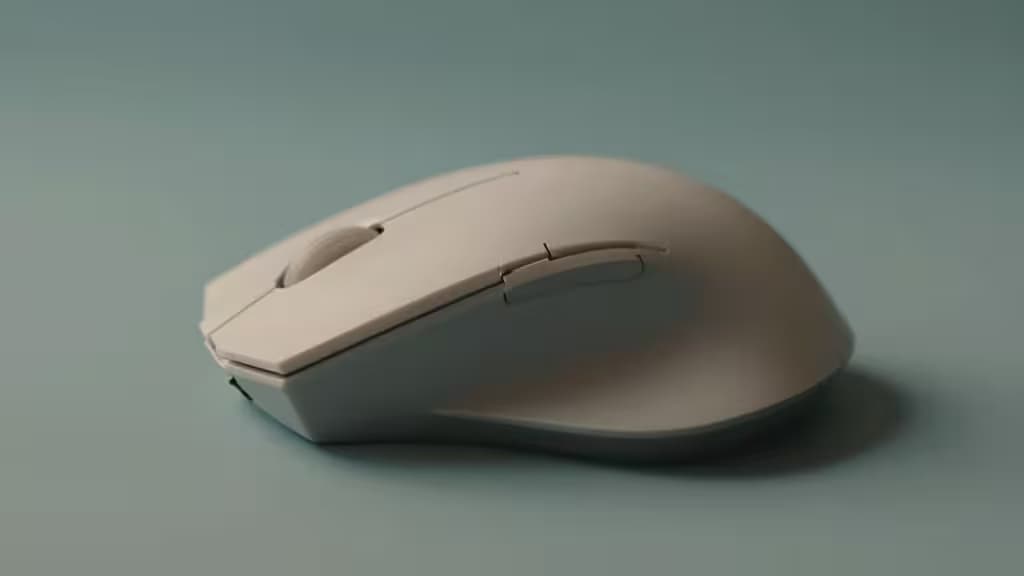 A vertical ergonomic mouse resting in a handshake position on a minimalist desk surface in soft studio lighting