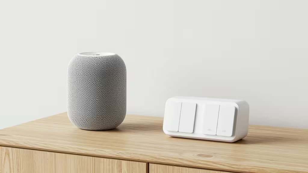 Een grijze HomePod mini en witte Aqara-hub op een lichte houten ondergrond, met zachte verlichting en een minimalistische uitstraling.