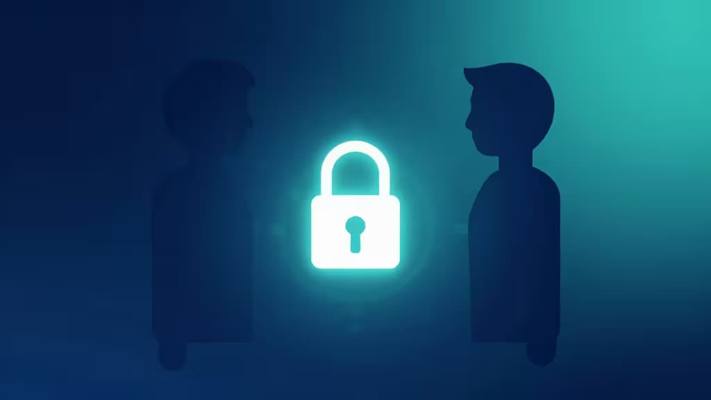 Two silhouetted figures face each other across a glowing, encrypted padlock on a deep blue and teal gradient background.