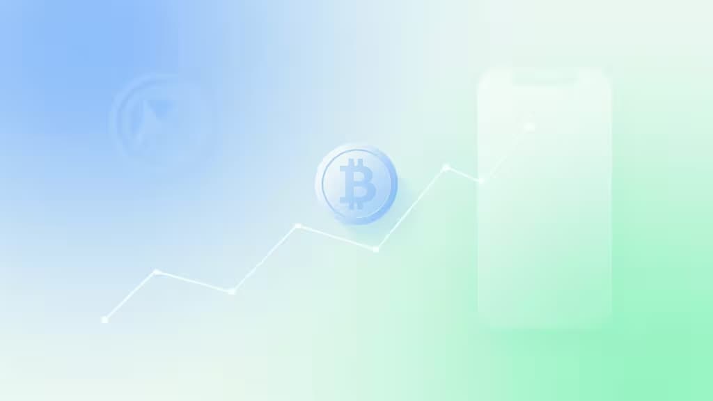 Composição abstrata representando trading de criptomoedas para iniciantes, com formas geométricas de moedas, linhas de tendência ascendentes e silhueta de smartphone em gradientes suaves de azul e verde.