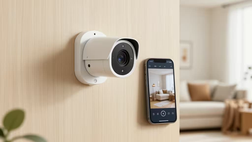Cámara de seguridad blanca montada en pared de madera junto a un teléfono móvil mostrando la vista en vivo, en un hogar moderno y luminoso.