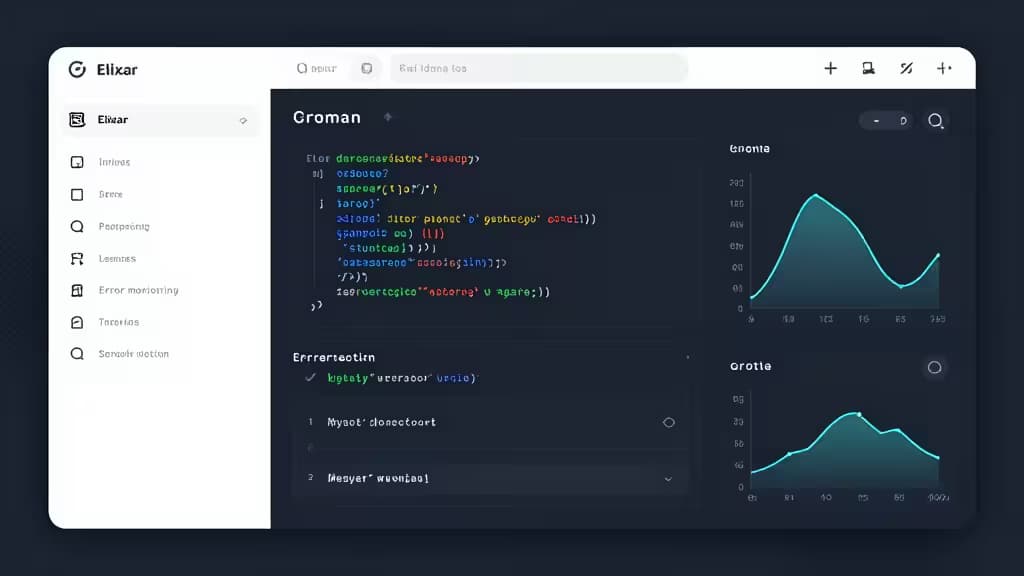 A sleek dashboard interface showcasing Elixir error monitoring tools with real-time graphs and code snippets.