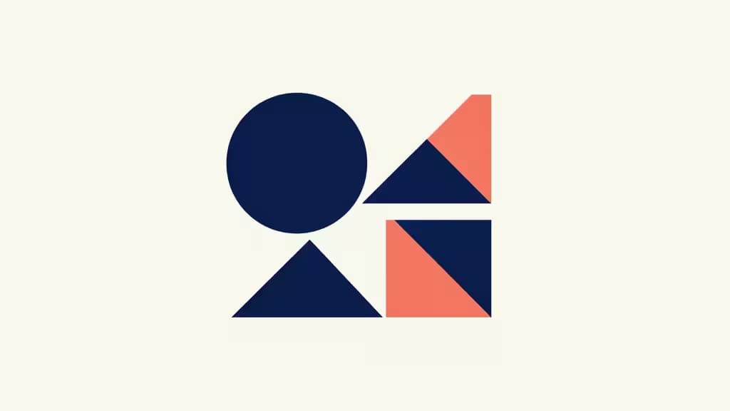 Composición abstracta con formas geométricas de diseño de logos en azul marino y coral sobre fondo blanco.