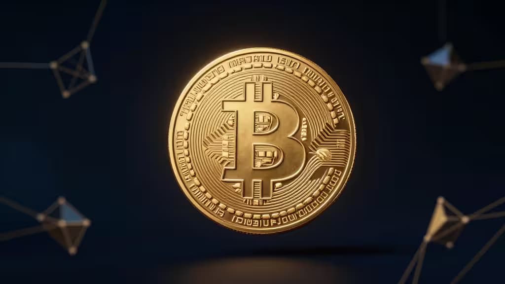 Un satoshi dorado brillante con patrones de inscripción grabados flotando en un espacio oscuro, representando Bitcoin Ordinals.
