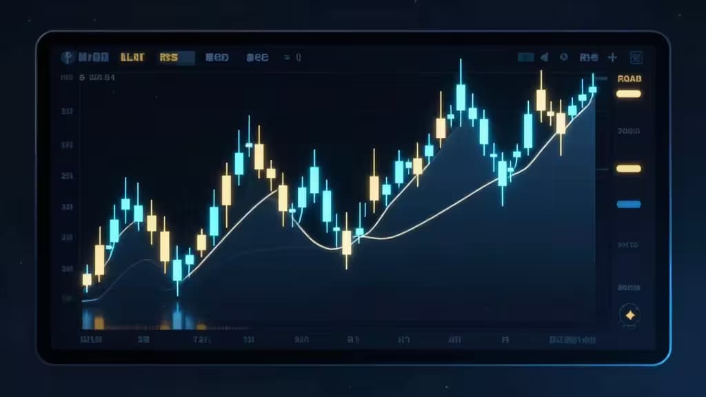 A sleek digital tablet displays a glowing crypto chart with candlesticks and trend lines, symbolizing advanced copy trading platforms.