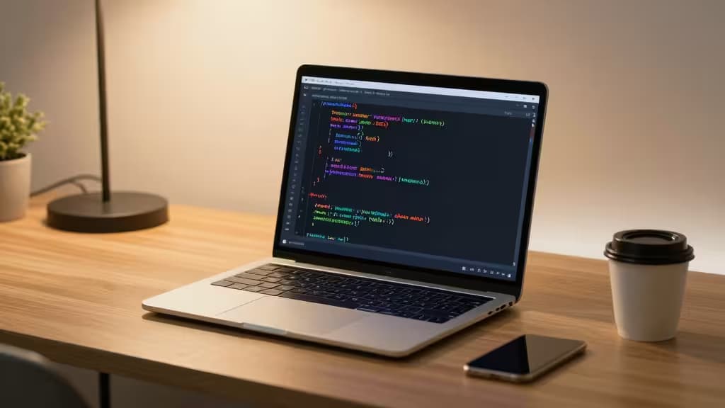 Laptop displays Rust code on wooden desk beside coffee cup and smartphone.