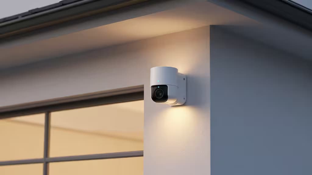 White plastic smart camera mounted on stucco garage wall, its warm LED light illuminating the dusk scene.