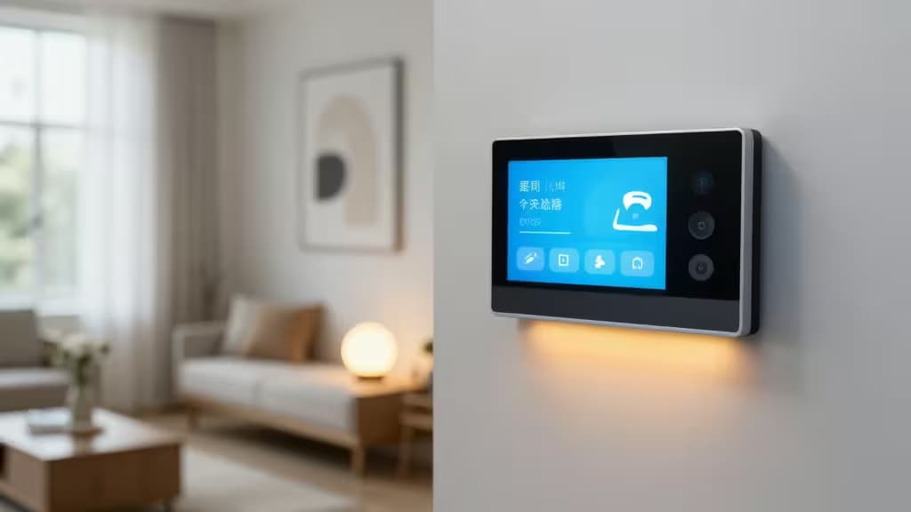 A modern smart home living room with a smart display showing a visual doorbell notification and warm smart lighting, representing visual alert technology for hearing-impaired users.