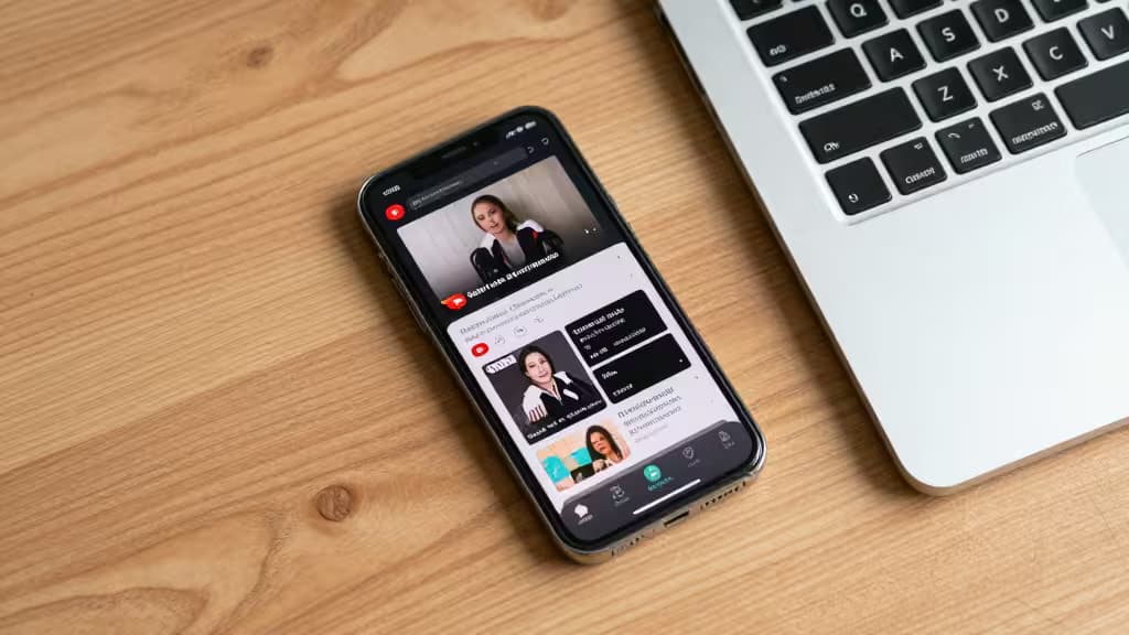 Smartphone displays AI-subtitled YouTube video beside laptop on wooden desk.