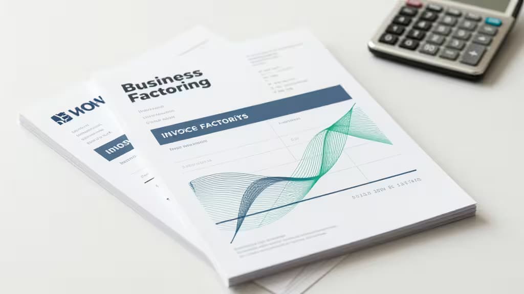 White paper documents titled "Business Factoring" and "Invoice Factors" lie beside a silver calculator on a clean desk.