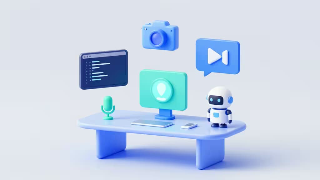Niebieskie biurko z robotem, mikrofonem, aparatem i ekranami wyświetlającymi kod, wideo i ikony AI, symbolizującymi przystępne cenowo narzędzia dla małych firm.