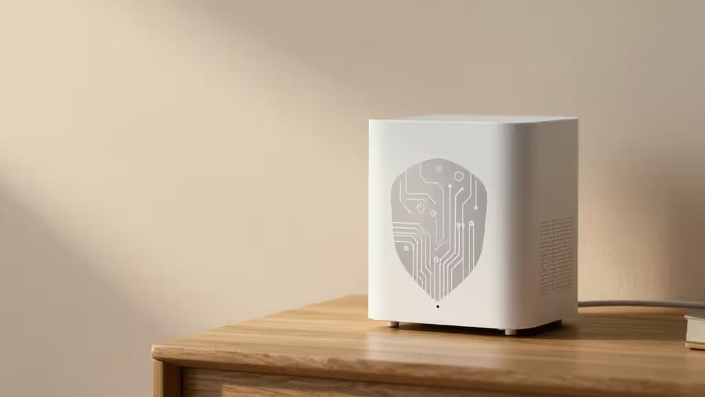 White matte smart hub with circuit-board shield motif sits on light oak table, emphasizing local control and privacy.