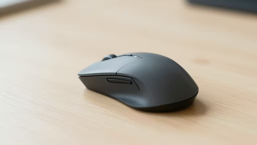 Un ratón vertical ergonómico de color negro mate reposa sobre un escritorio de madera clara, destacando su diseño único para la comodidad y la reducción de la tensión.