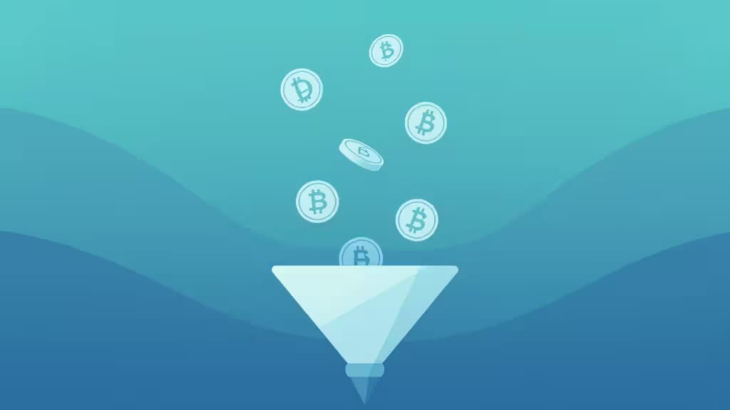 Bitcoin-монеты падают в белую воронку на фоне бирюзовых волн, символизируя криптоон-рампы с низкими комиссиями для покупок до $50.