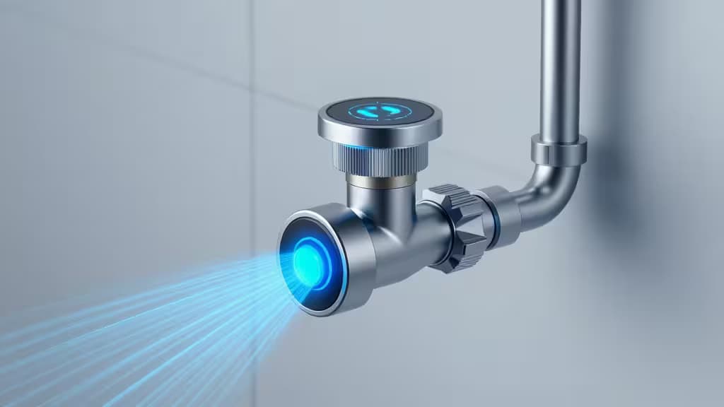 Schickes metallisches Smart-Ventil mit leuchtend blauer Schnittstelle erkennt Lecks und überwacht die Rohrleitungen des gesamten Hauses.