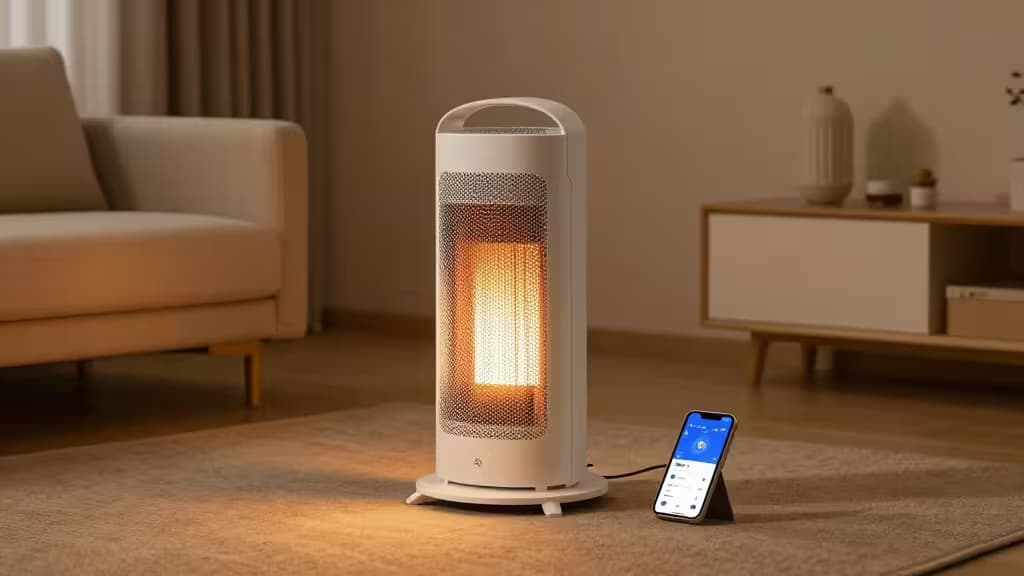 Calentador cerámico blanco que emite un brillo cálido junto a un smartphone que muestra su interfaz de app sobre una alfombra beige en un salón moderno.