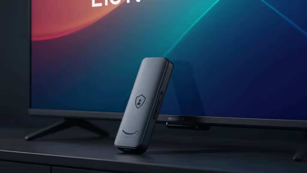 A Fire TV Stick streaming device connected to a modern television with a soft privacy-themed visual overlay