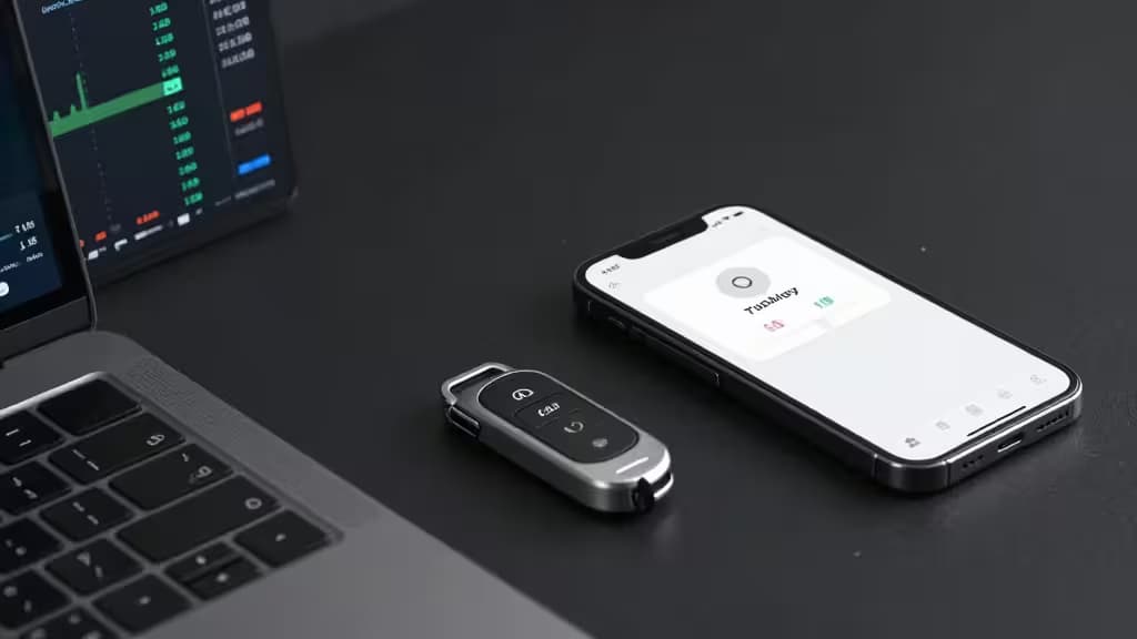 A YubiKey, smartphone displaying a password manager app, and laptop showing crypto charts on a dark desk.