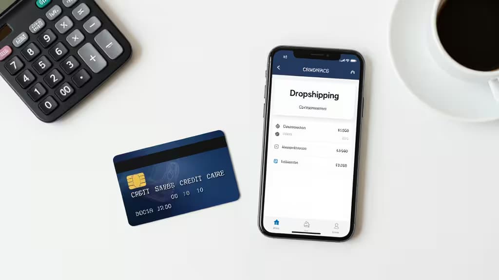 Ein Smartphone mit Dropshipping-Ausgaben neben einer blauen Kreditkarte und einem Taschenrechner auf einem weißen Schreibtisch.