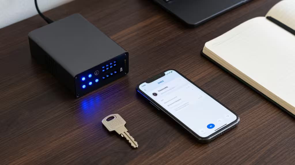 Black server box with blue LEDs sits beside smartphone showing password app on wooden desk.
