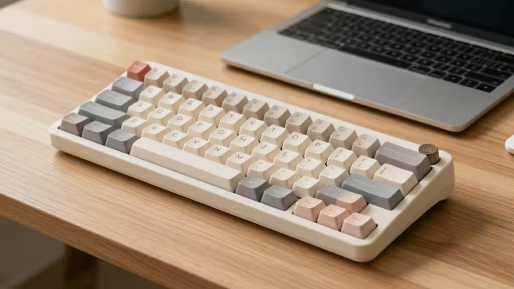 Clavier ergonomique au layout Alice avec keycaps crèmes posé sur un bureau en bois à côté d'un ordinateur portable argenté.