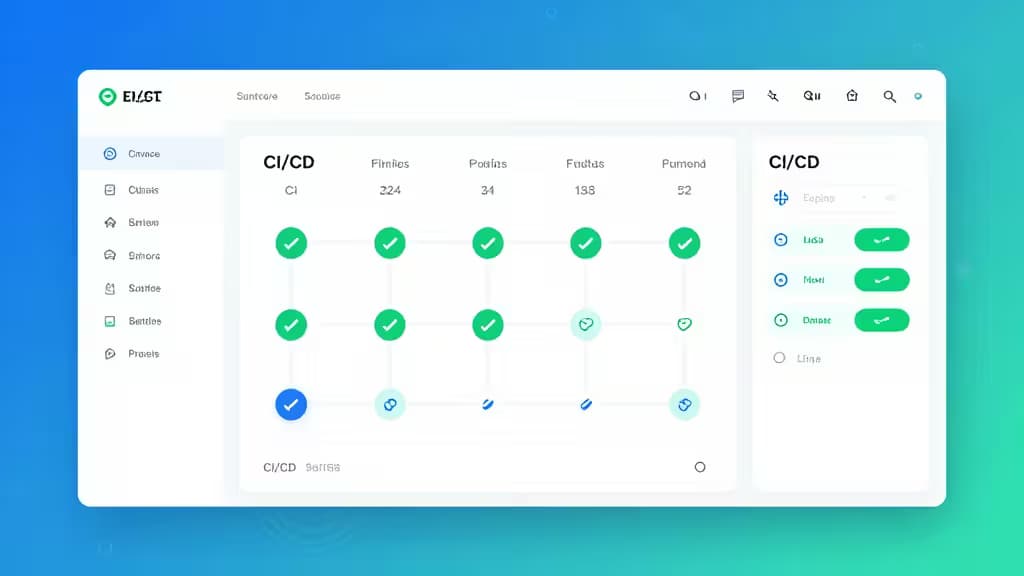 A sleek dashboard interface showcasing CI/CD pipelines with green checkmarks, toggle switches, and real-time metrics for feature flag management.