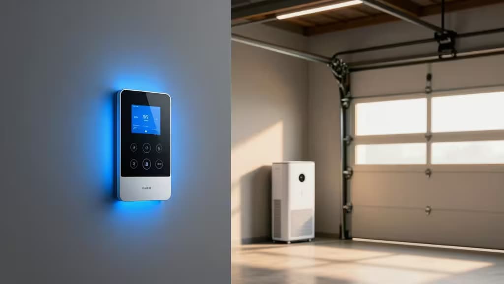 A sleek smart control panel glows blue beside a white air purifier in a modern garage with an automated door.