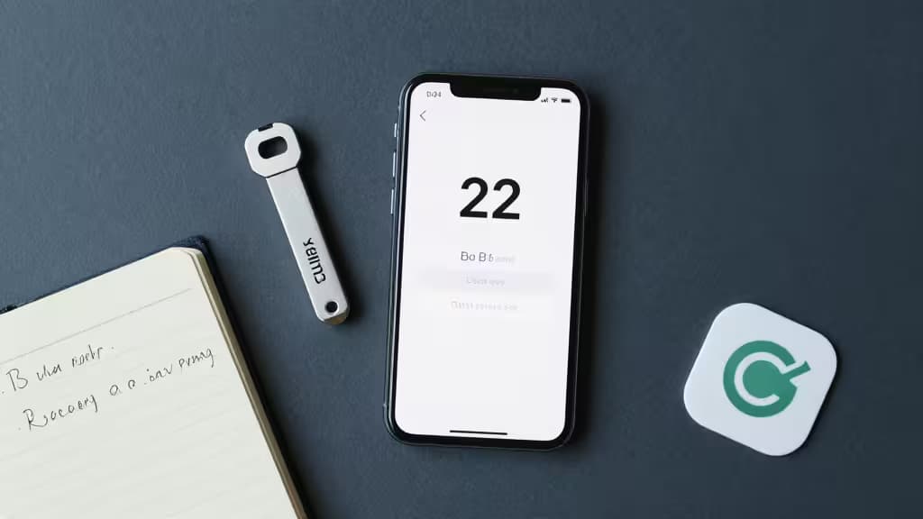 Smartphone showing 2FA code, YubiKey security key, notebook with handwritten recovery codes, and password manager app icon on a dark desk surface.