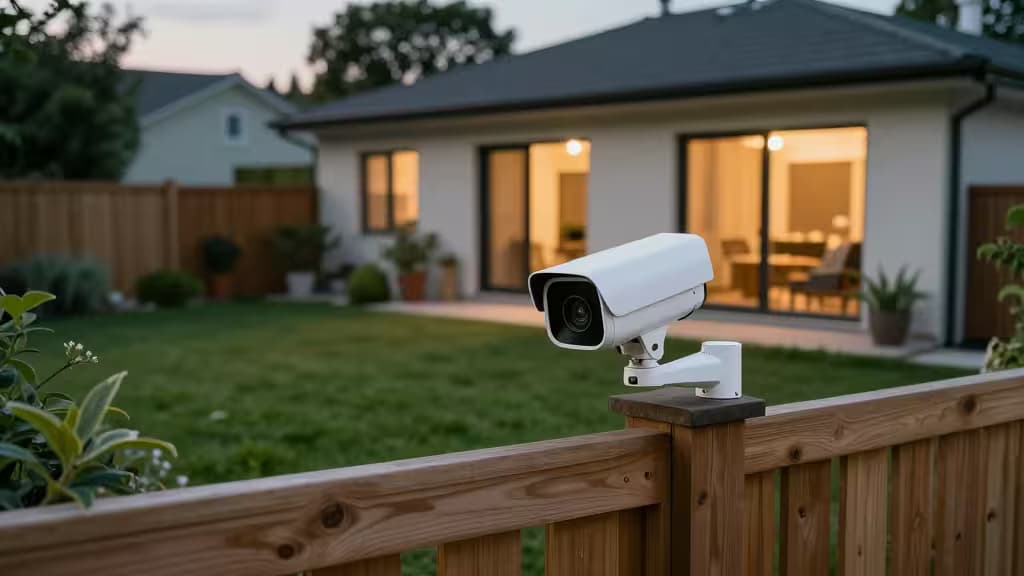 White security camera mounted on wooden fence, overlooking backyard with house in background.