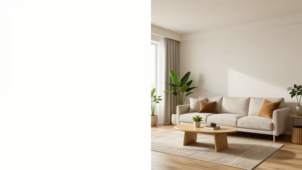 Een lichte woonkamer met een beige bank, bruine kussens en een zacht vloerkleed, badend in natuurlijk zonlicht.