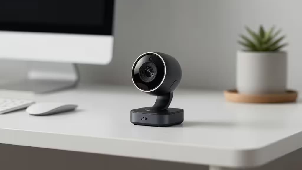 Een moderne 4K-webcam op een minimalistisch bureau met zachte studiobelichting