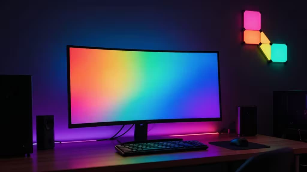 Curved monitor displays vibrant RGB gradient, flanked by speakers and keyboard under ambient sync lights.