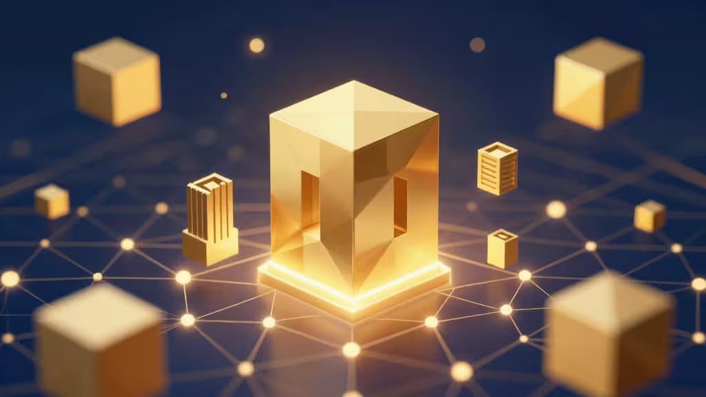 Illustration abstraite d'actifs du monde réel tokenisés sur une blockchain, blocs dorés flottant au-dessus d'un réseau lumineux
